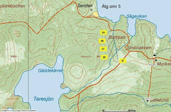 Åtgärdsområde 3; Bäck från Teresjön Figur 24. Översiktskarta på åtgärdsområde 3, bäck från Teresjön med föreslagna åtgärdslokaler markerade (Källa: www.gis.lst.se).