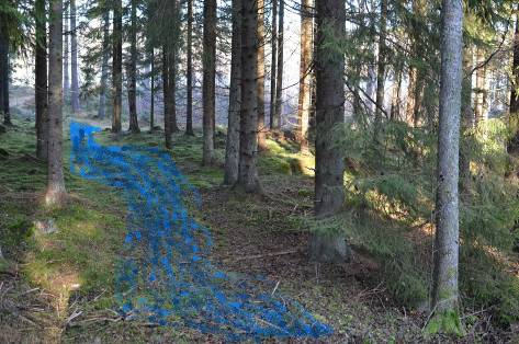 Figur 29. En ny bäckfåra formas i terrängen som i stort följer befintlig basväg.