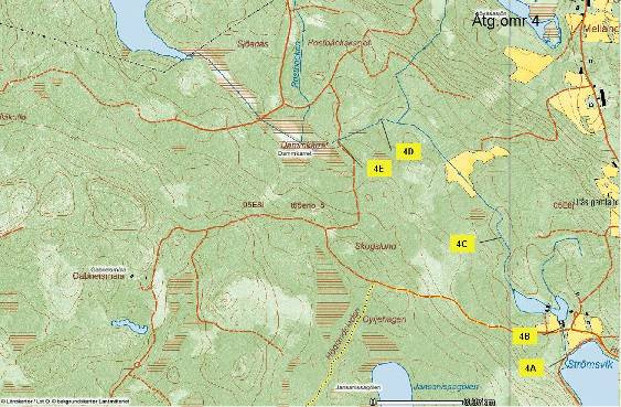 Åtgärdsområde 4; Bäck från Feresjön (Strömsvik) Figur 35. Översiktskarta på åtgärdsområde 4, bäck från Feresjön med åtgärdslokaler 4A-4E markerade Källa: www.gis.lst.se.