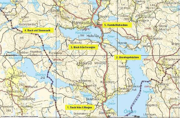 Projektering restaureringsåtgärder Planen redovisar åtgärdsförslag i 5 st tillrinnande bäckar, åtgärdsområde 1 till 5 (tabell 2).