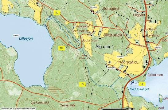 Åtgärdsområde 1; bäck från Lillesjön Figur 3. Översiktskarta på åtgärdsområde 1, bäck från Lillesjön med föreslagna åtgärdslokaler 1A-1D markerade (Källa: www.gis.lst.se).