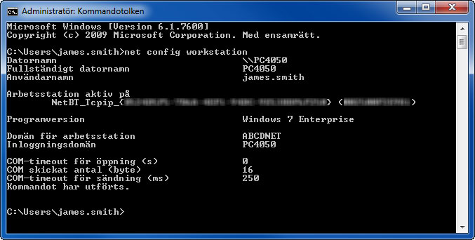 Grundläggande användning 2 Ange net config workstation i Kommandotolken och klicka