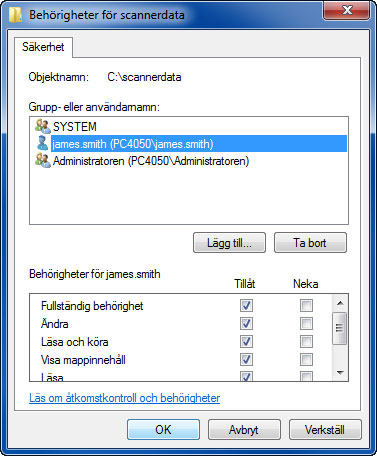 Grundläggande användning 10 Markera användaren som har angetts, och markera behörigheterna Ändra och Läsa & köra, och klicka på OK.