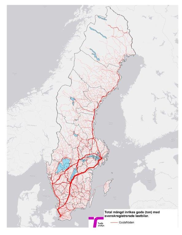 Figur 1.5: Svenskregistrerade tunga lastbilars transporter på vägnätet i inrikestrafik baserat på fraktad godsmängd i ton. Genomsnitt åren 2012 2014. Anm.