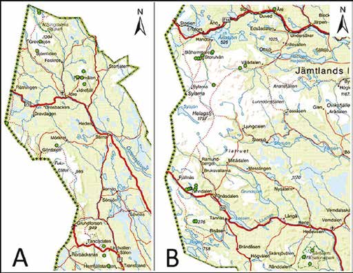 Områdesbeskrivning De undersökta lokalerna återfinns inom ett område som sträcker sig från Åreskutan (63 25 N; 13 04 E) i norr till Transtrandsfjällen (61 05 N; 13 11 E) i söder (Figur 4).