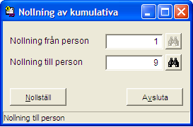 Sida: 138 NOLLNING AV KUMULATIVA Med den här funktionen kan man nollställa kumulativa uppgifter. OBS: Kontrollera att alla löneperioder är godkända före nollställningen!