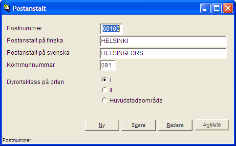 Sida: 152 POSTANSTALT Med den här funktionen kan du underhålla postnummer och postorter samt kommunnummer.
