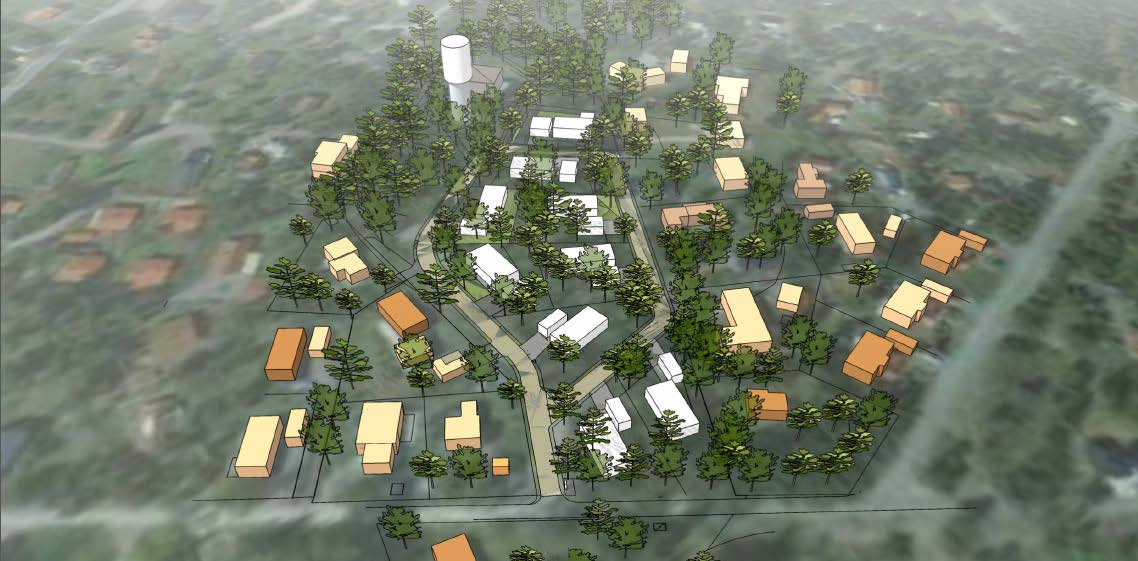 Tibblehöjden sett från öster med de planerade villorna inlagda som vita volymer.