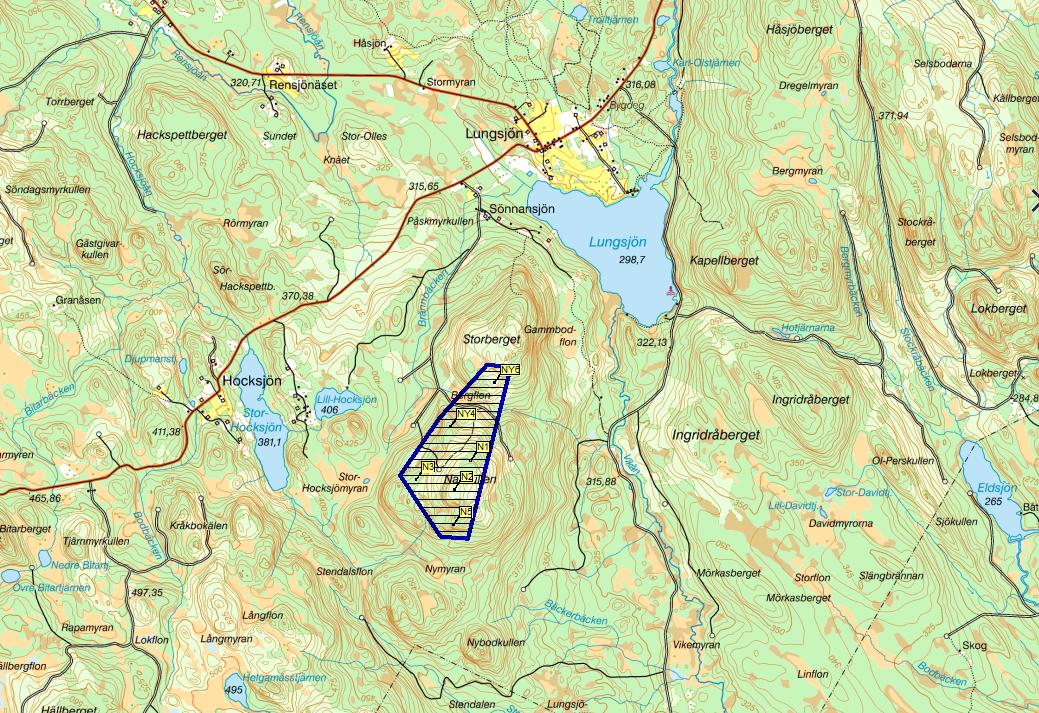 L O K A L I S E R I N G Den planerade vindkraftanläggningen är tänkt att placeras i ett område som ligger cirka 2,5 kilometer söder om Lungsjön och cirka 2 kilometer ost om