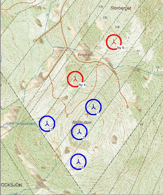 De planerade vindkraftverken är lokaliserade norr och söder om Bergflon enligt karta.