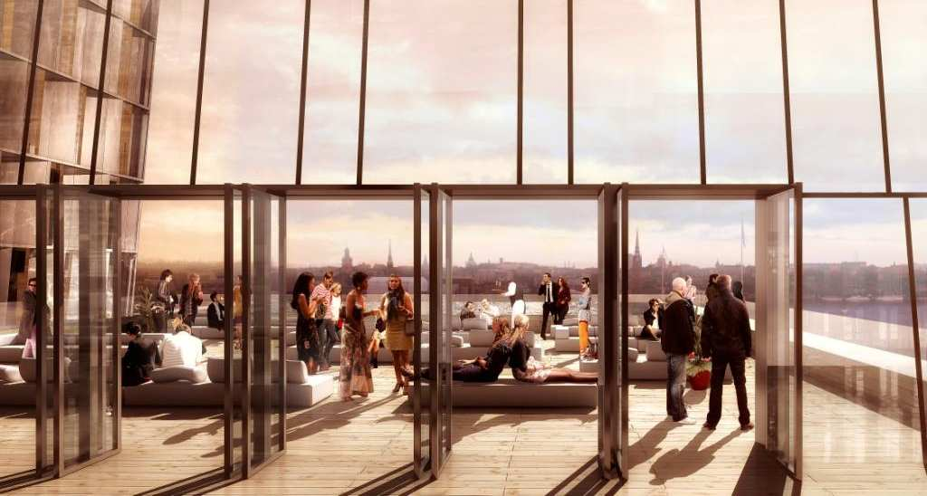 14 (31) Dp 2010-18583-54 Illustration av publik skybar med uteterrass. (3xN och Luxigon) Bostäder Bebyggelsen inrymmer fyra våningar med ca 20 bostäder ovanpå hotellet.