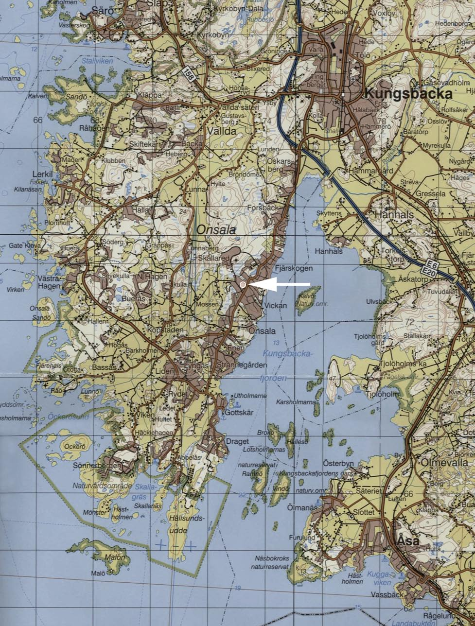 Fig. 2. Utsnitt ur Blå kartan, blad 61 Göteborg, med platsen för undersökningen markerad. Skala 1:100 000.