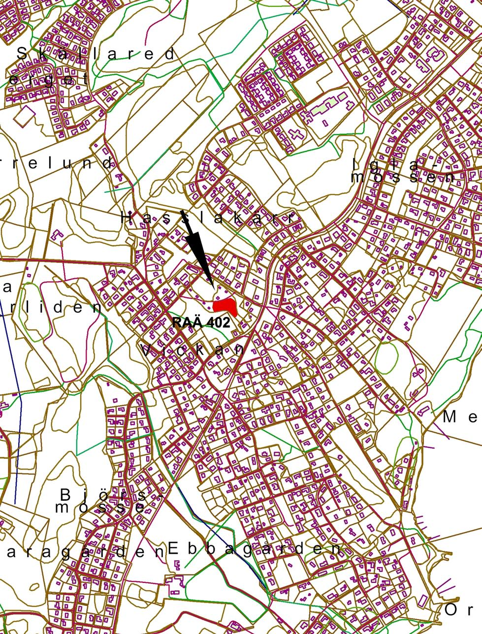 0 500 m Fig. 3. Utsnitt ur Fastighetskartan, blad 6B 4e, med undersökningsområdet markerat. Skala 1:10 000.