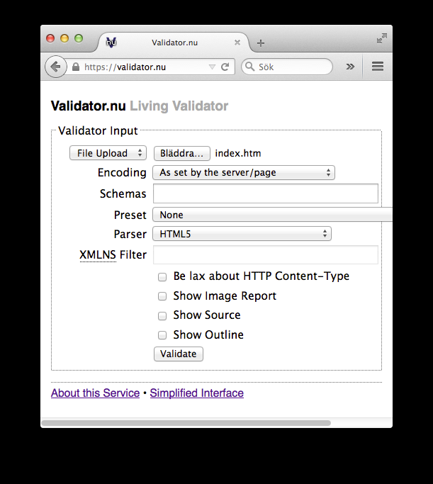 10. Validera HTML-koden För an kontrollera an din kod stämmer med de syntak&ska reglerna för HTML5, validerar du koden i en validator. Använd validatorn på hnps://validator.