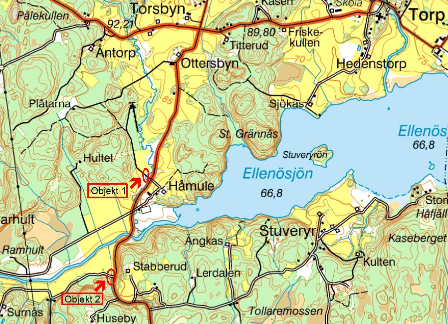 Objekt 1, Håmule Egennamn: Vattendrag: Håmule Håmulebäcken Lokalkoordinater: 6493030 12127313 (rt 90) Lokalisering: Se karta 1 Karta 1. Objekt 1 och 2.