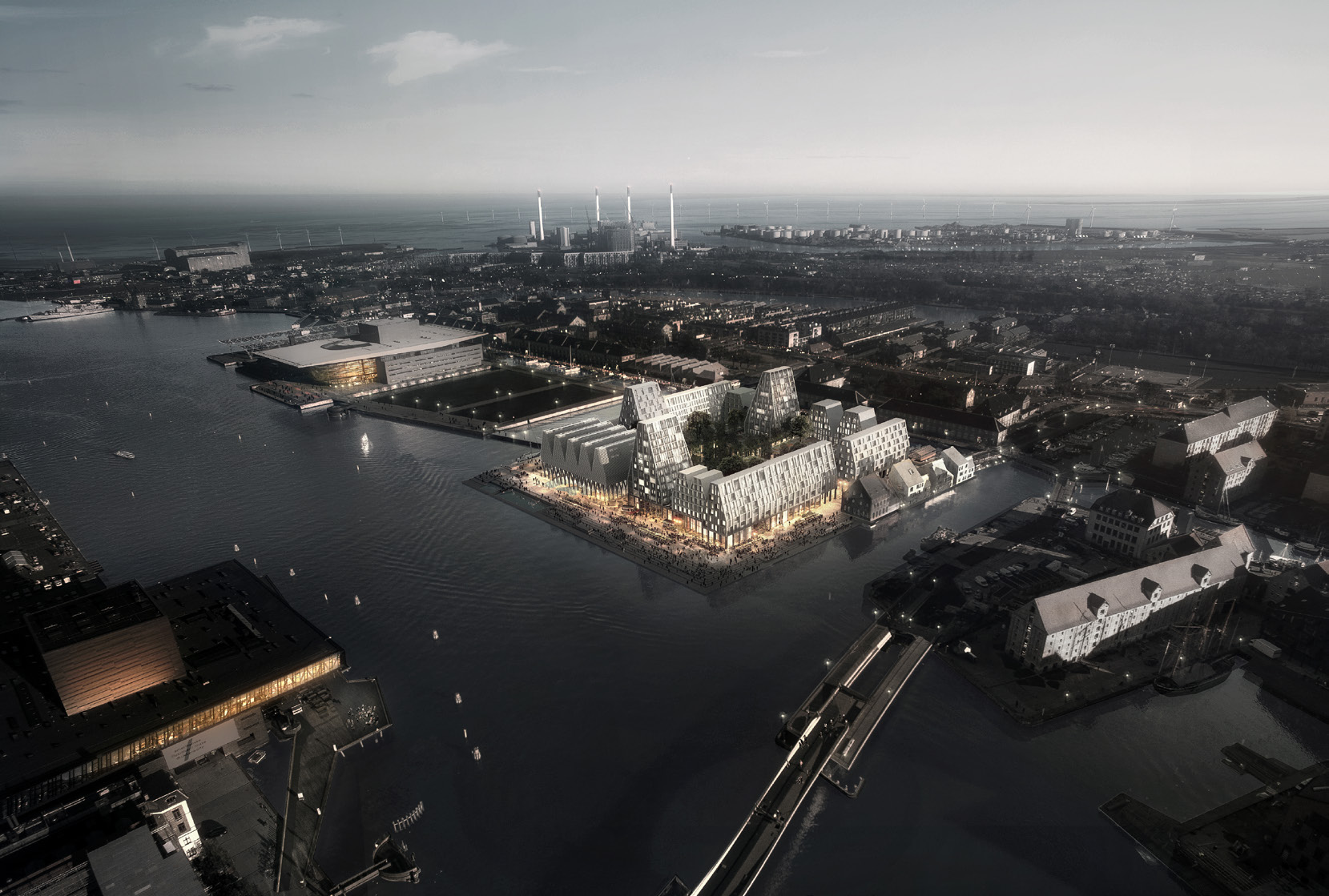 BILD: COBE OG LUXIGON Skiss över projektet på Papirøen i Köpenhamn. marknaden går upp och ner.