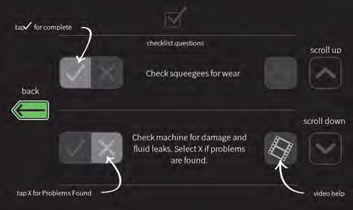 Tryck på uppåtpilen för att bläddra uppåt genom checklistan. Tryck på bakåtknappen för att återvända till checklista före drift.