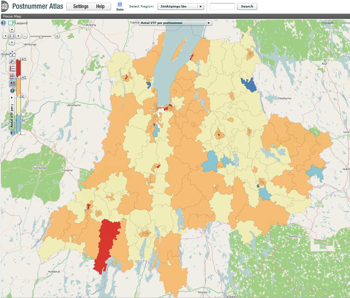 563 31 Gränna Antal vårdtillfällen per postnummer, 2013 565 31 Mullsjö 561 31, 561 32