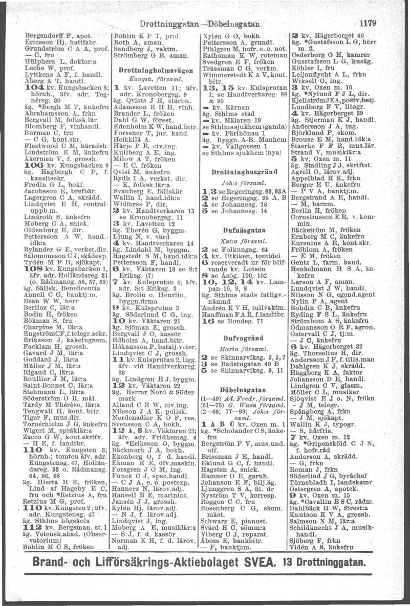! Bergendorff F,.apot. Ericsson'Hj, hattfabr. Grundström G A A, prof. - C, frn'. Hlilphers L, doktor:a Leche W, prof. Lyttkens AF, f. handl Åberg A T, hand!. 104 kv. KUligsbacken 8; hörnh., äfv. adr.