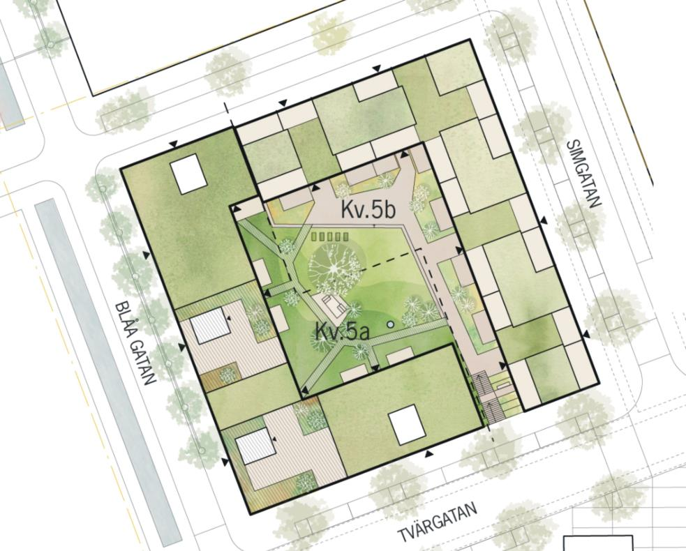 Innergården nås genom en öppen ingång vid kvarterets sydöstra del. Två tredjedelar av innergården utgörs av gräsbevuxna ytor, planteringar och gångstigar.