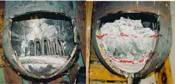 Figure 2.6.2.5. The in-vessel configurations of the FOREVER-EC4 test (left; failed vessel) and EC5 test (right; non-failed vessel). Figure 2.6.2.6. Distribution of the equivalent creep strain (left, max.