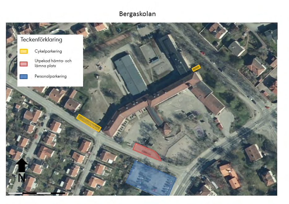 Inventering av skolområdet Bergaskolans byggnader och skolgård omgärdas av huvudgatorna Krongatan och Norbyvägen samt av lokalgatorna Hagundagatan och Bergagatan.