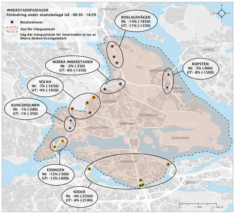 2.5. Förändring innerstadspassager, skattebelagd tid Trafiken till och från innerstaden har minskat med i genomsnitt 5 procent under skattebelagd tid.