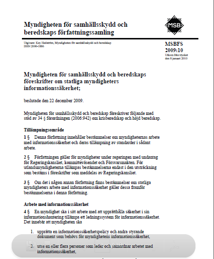 Nya föreskrifter (4 april 2016) om statliga myndigheters informationssäkerhet Gäller