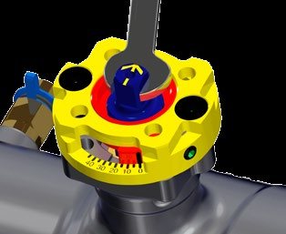 Lock the two hexagon screws ( and ) again and re-open the valve. Torque = -3 Nm.