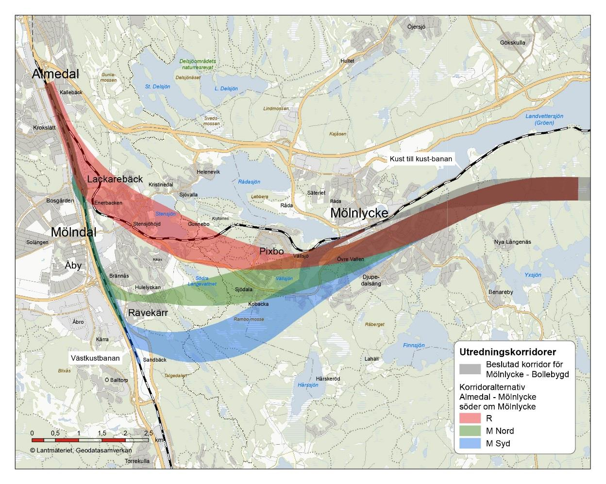 Bild 3. Utredningskorridorer för Alternativ söder om Mölnlycke För Alternativ Raka vägen har fokus varit kortast möjliga restid.