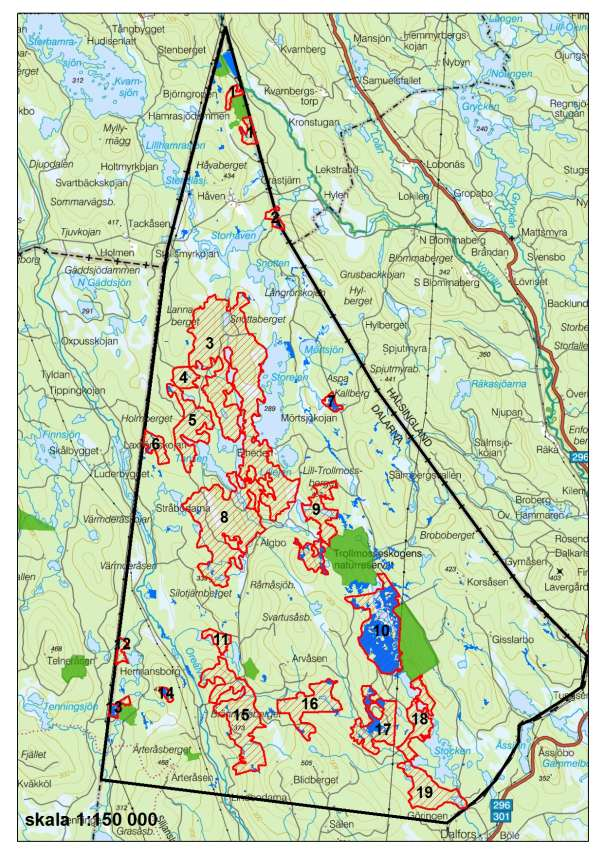Resultat över skyddsvärda områden i Oreskogen Gröna områden är naturreservat, blå områden är