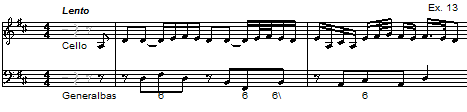 Den första satsen har ett värdigt och uttrycksfullt tema: (I den besiffrade basen ska strecket efter den tredje egentligen gå genom siffran.) 2 Allegrot är en gigue.