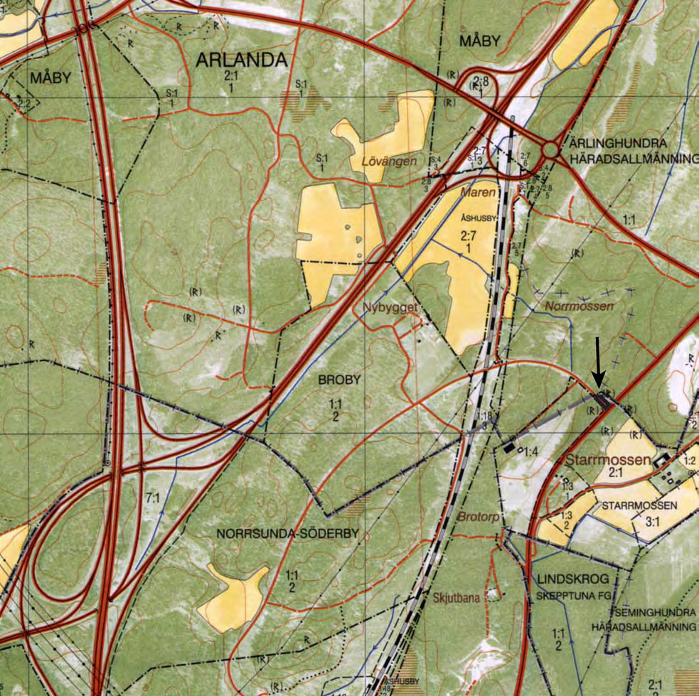 Fig. 2. Utdrag ur Fastighetskartans blad 11I 2 d med undersökningsområdet markerat.