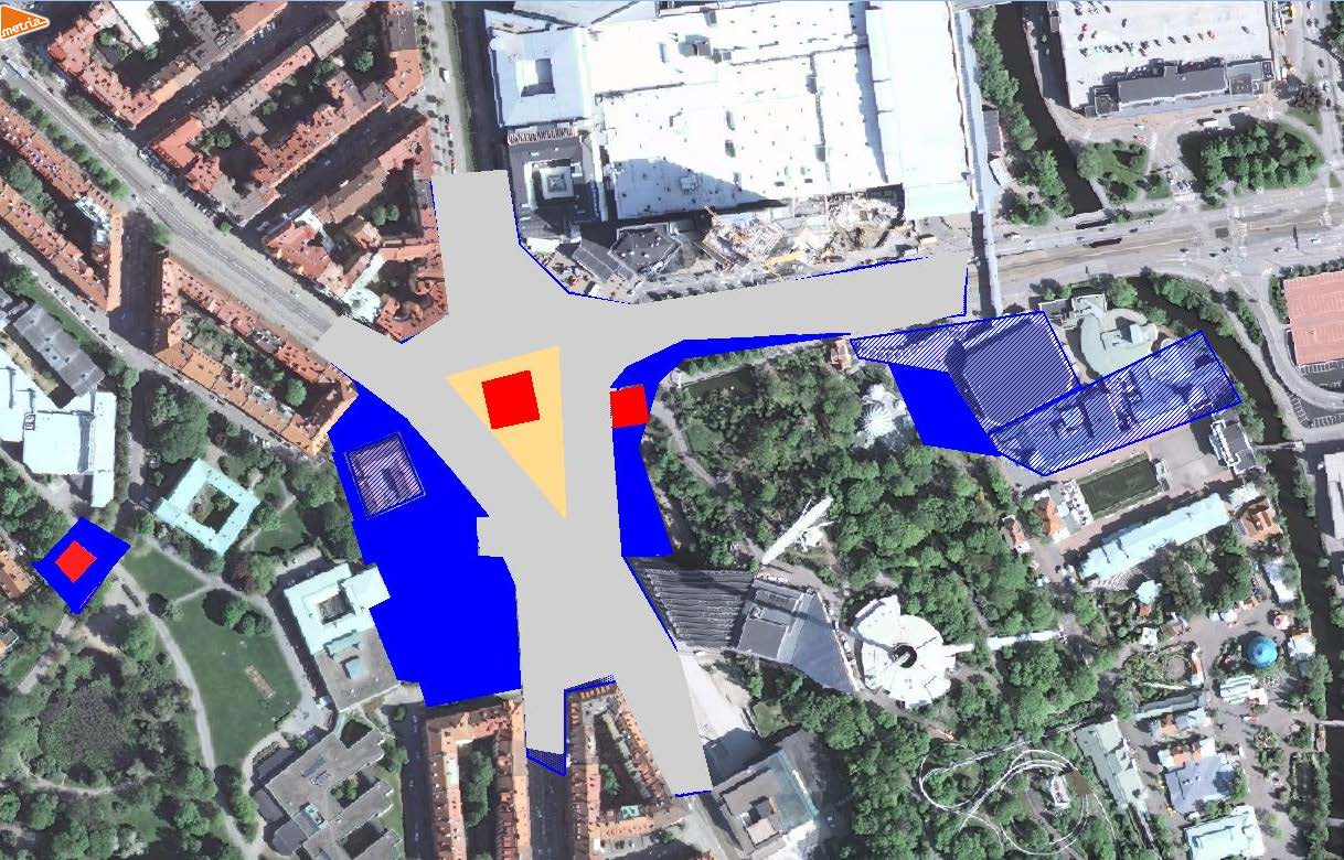 N Illustration, ytor som bedöms påverkas av aktuella planer. Blåstreckat visar ytor där byggnader kommer att behöva flyttas eller rivas.