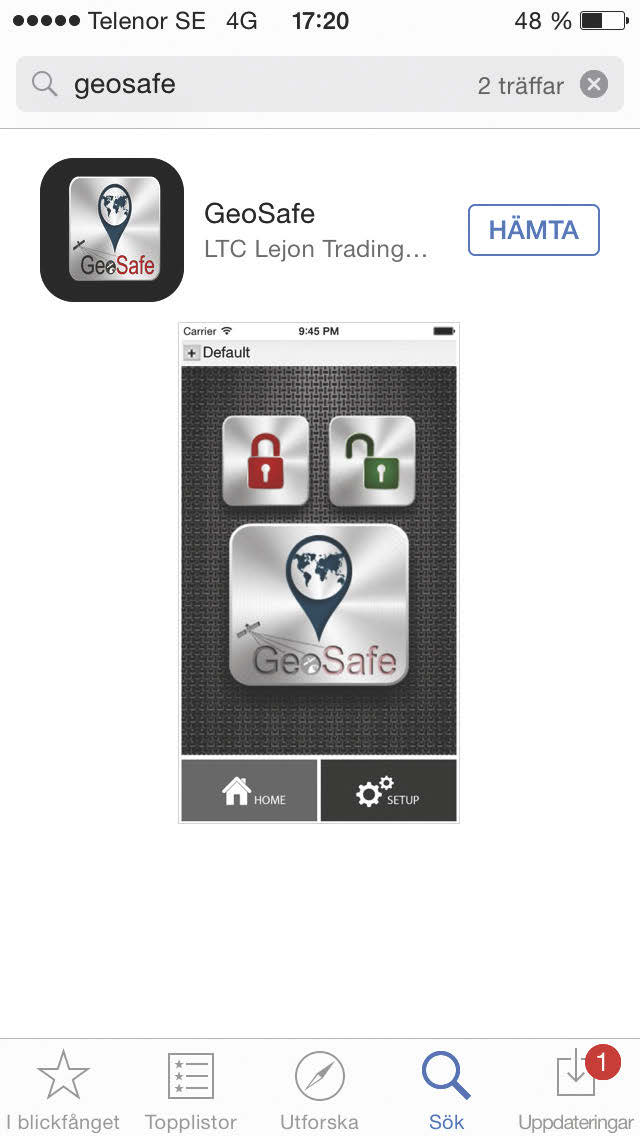 GeoSafe styrs och övervakas via en App för Smartphones (iphone, Android).