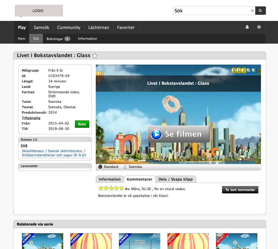 Se på film och lyssna på ljud När du klickar på en produkt visas denna sida med fakta och ev. relaterade produkter. I spelaren kan du välja textning, kvalitet och i förekommande fall avsnitt.