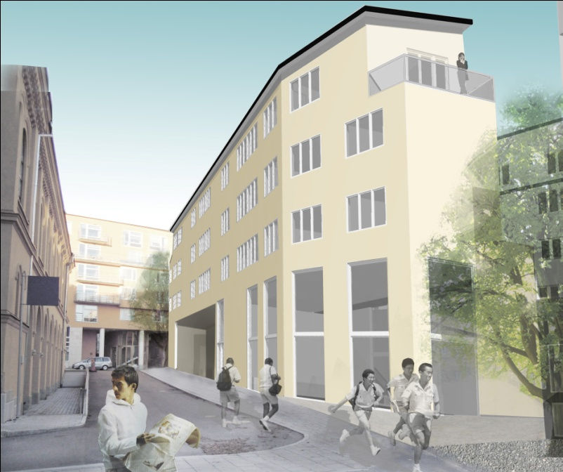 DNR 00-- SID () Mot gården och Carl Akrells Gata föreslås en bostadsbyggnad i fyra plan där bottenvåningen reserveras för skolverksamheten.