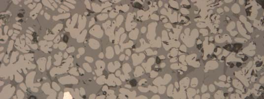 Figur 18. Detalj på F756 med dominans av wüstit (ljus) och olivinkristaller (ljust grå) och en glasfas (mörkare grå) i mindre mängd. Foto från mikroskopet. Figur 19.