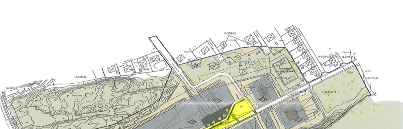 Figur 2. Översikt över planerad ombyggnation av Trädgårdsgatan. Gulmarkerat område är den del av den befintliga Trädgårdsgatan som berörs av ombyggnationen.