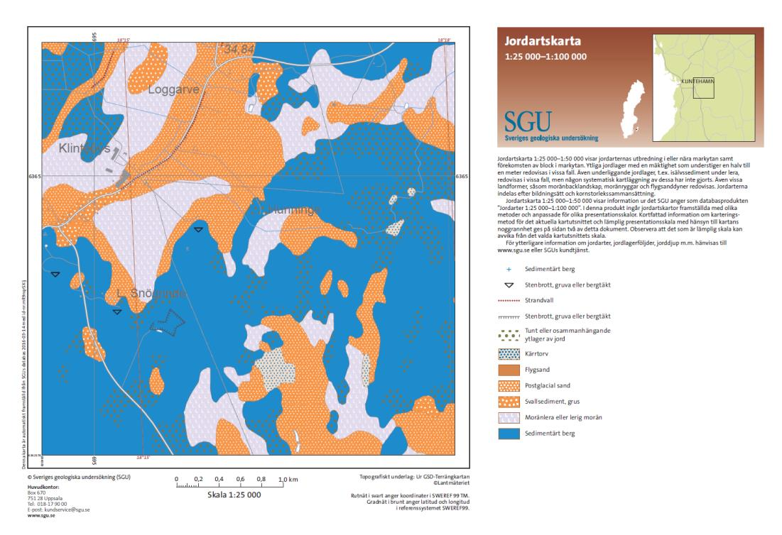 2.2 Jordarter SGU s jordartskarta visar att hela täktområdet utgörs av kalt berg eller berg med tunt jordtäcke. Täkten är omgiven av postglacial sand och moränlera, se Figur 4.