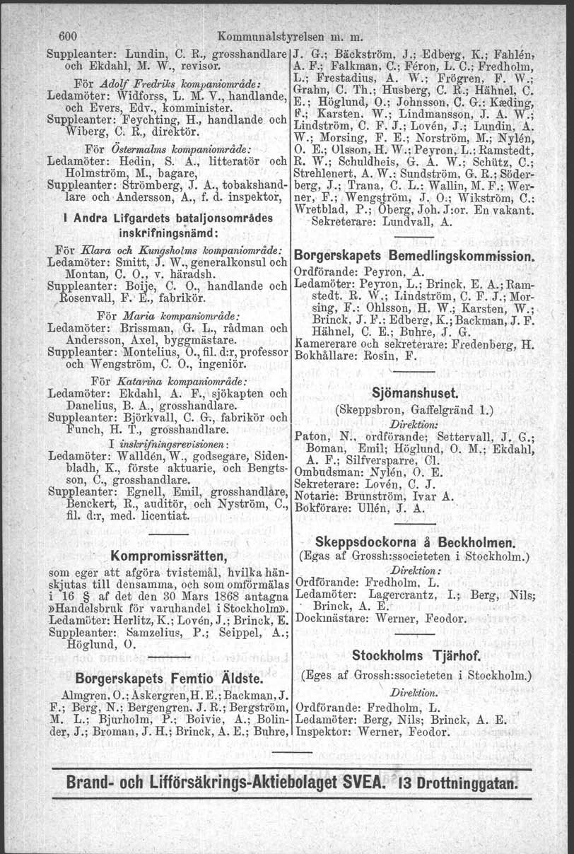 600 Kommunalstyreisen m. m. Suppleanter: Lundin, C. R., grosshandlare J. G.; Bäckström, J.; Edberg-, K.; Fahl~n, och Ekdahl, M.- W., revisor. A. F.; Falkman, C.; Feron, L. C.; Fredholm, F " 'd if v drik: k.