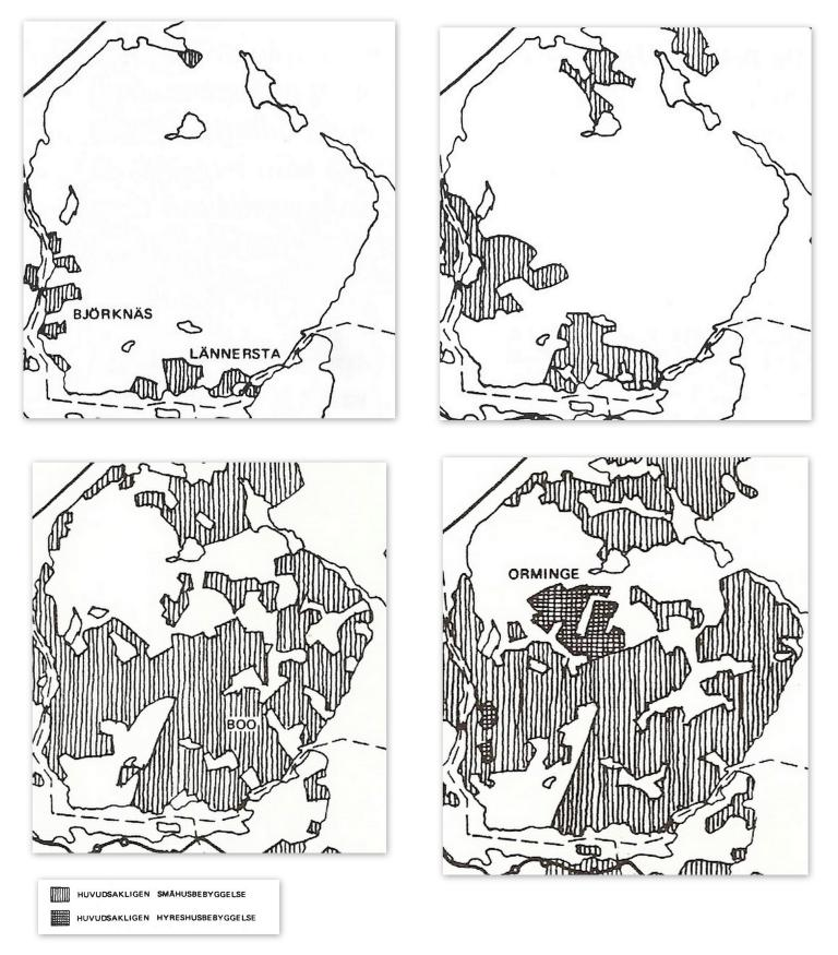 Figur 7 - Kartorna visar hur villasamhället utbreder sig över 1900-talet. Bebyggelsen gestaltas i bildserien i turordning med start uppifrån vänster från 1910, 1930, 1950 samt 1974 nere till höger.
