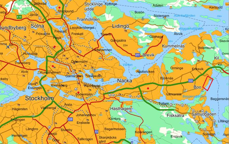 Figur 1 - karta över Stockholm och Nacka kommun. Området inhägnas med röd linje. Källa: www.hitta.se I fastighetsinventeringen beskrivs områdets karaktär översiktligt.