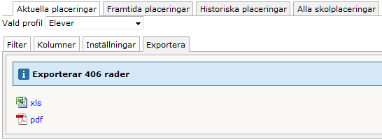 Exportera till Excel eller PDF Elevöversikten Om du vill arbeta vidare med en lista kan du exportera de kolumner du har i vyn till Excel eller PDF. Det gör du genom att klicka på fliken Exportera.