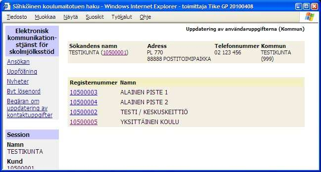 4.5. Begäran om uppdatering av kontaktuppgifter (kommunsökande) Med hjälp av sidan för begäran om uppdatering av kontaktuppgifterna kan kommunanvändaren lämna begäran om ändring av kontaktuppgifterna