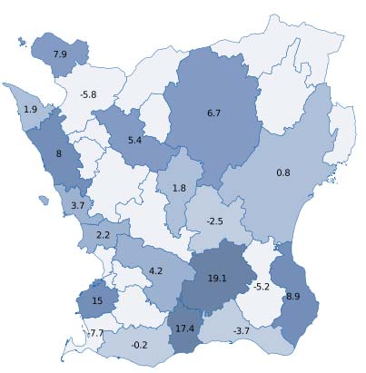 5 Positiv utveckling i 14 skånska kommuner Bland Skånes kommuner hade preliminärt 14 kommuner en positiv utveckling av gästnätter under året 2016.