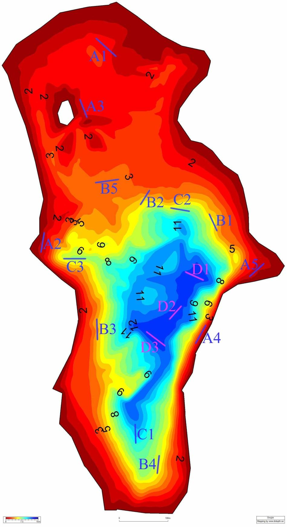 Bilaga 5. Djupkarta, nätplaceringar samt sjödata för Onsjön. Nätbeteckningen anger vilken djupzon nätet skall fiska inom.