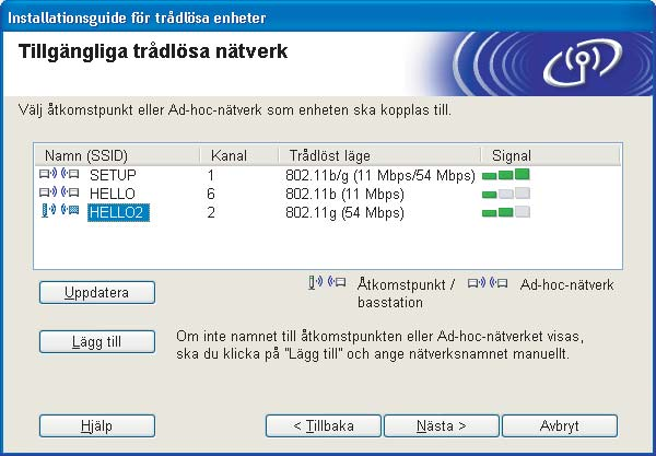 Skrivarens standard-ssid är SETUP. Välj inte detta SSID.