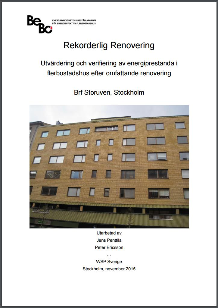 Exempel: BRF Storuven Projekt som WSP genomfört inom ramen för Bebo Energimyndighetens nätverk för energieffektiva flerbostadshus Om byggnaden Byggt 1968 Hornsgatan 88 Energiprestanda: 172 kwh/kvm,