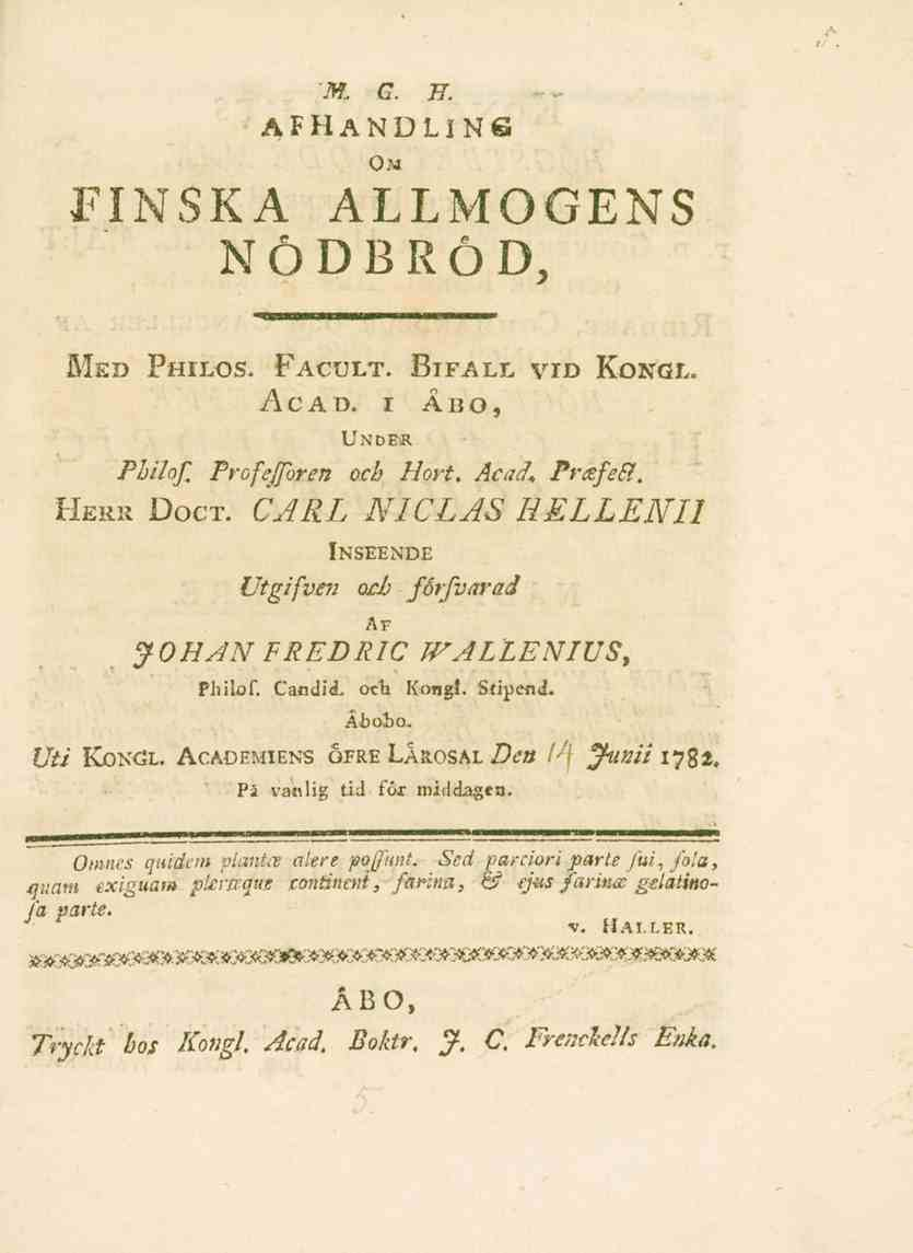 M.. C. H. AFHANDLINS Om FINSKA ALLMOGENS NÖDBRÖD, Med Philos. Facölt. Bifall vid Kongl. Ac ab. i Åbo, Under Pbilof, Profefforen och Hört. Acad. Prafefl. Herr Doct.
